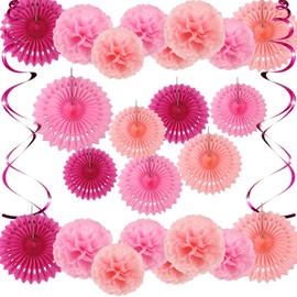 TOAOB Pink Party Decorations 19pcs Hanging Fans Tissue Paper Pompoms Flower Decorations for Birthday Wedding Graduation Festival Supplies
