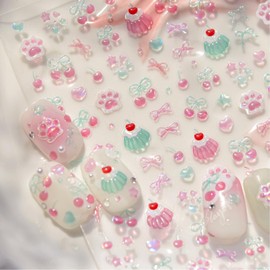 trekko Jelly Nail Sticker Parts, Plush, Summer, Pink, Paws, Cherries, Ribbon, Heart, Height 3.9 x Width 3.1 inches (10 x 8 cm), 1 Piece