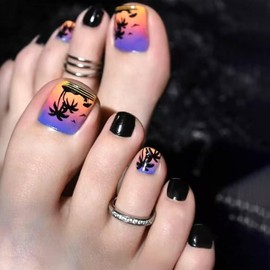 LWTZLW Summer Seaside Press on Toenails Short Square Coconut Tree False Toe Nails Color Palm Trees Glue ons Toe Nail Black Sand Glossy Acrylic Pressed on Fake Toenails Decorations Reusable for Women