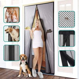CGZZ Magnetic Screen Door with Heavy Duty Mesh Curtain and Full Frame Hook Loop, Mosquito Resistant, Hands Free, Pet Kid Friendly, 100 x 210 cm, Black, HTHM578AB, 100 * 210cm