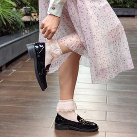 Women High Ankle Lace Socks, Bridal Ruffle Frilly School Girl Princess Dress Sock with Lace Trim For Lolita/Jk W-811 (A2-5 Pairs - Black Double Layer Lace Trim)