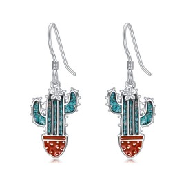 Cactus Earrings Sterling Silver Created Turquoise Earrings Western Cactus Dangle Earrings Cactus Jewelry for Women