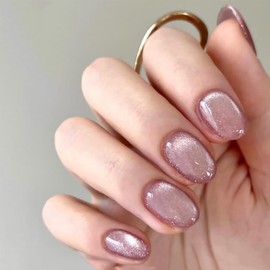 ANDGING Bling Pink Press on Nails Short Oval Cat Eye Fake Nails with Glitter Designs Fantasy Manicure Glue on Nails for Wedding Full Cover Acrylic Stick on Nails Gel False Nails for Women 24 Pcs