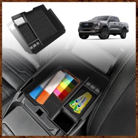 Muslogy Center Console Organizer Compatible with Ford Ranger XL XLT Lariat 2024 2025 & Raptor Accessories Middle Console Storage Box Insert Tray ABS Material Divider with Insert Mats (Black)
