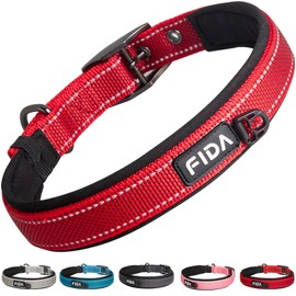 Fida Heavy Duty Dog Collar, Ultra Comfortable Soft Neoprene Padded, Adjustable Reflective Nylon Pet Collar with Durable Metal Belt Buckle for Large Breeds (L, Red)