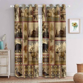 MIZSYE Retro Rustic Blackout Curtains Bear Deer Plaid Snowy Mountain Chalet Farmhouse Window Drapes Black Swan Lake Water Room Darkening Window Treatments for Bedroom Living Room 52x84inch CLDWMS0248