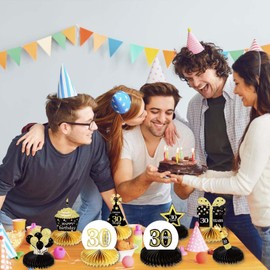 8 Pieces 30th Birthday Decorations Honeycomb Centerpieces, Cheers to 30 Years Honeycomb Table Topper, Easy DIY Birthday Party Table Toppers, Effortless Black Gold Happy Birthday Party Supplies