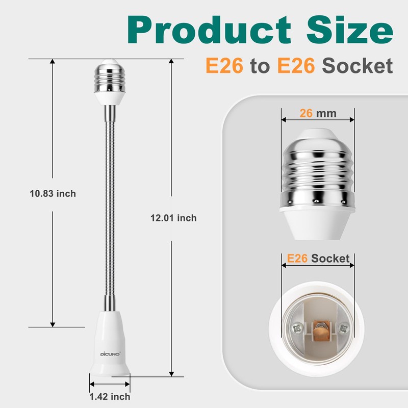 DiCUNO E26 to E26 Socket Extender (27.5CM/10.83 Inch Extension), Standard