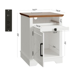IRONCK Farmhouse Nightstand with Charging Station & 2 USB Ports, App Controlled LED End Table, 19" Rustic Side Table with Storage for Bedroom, White