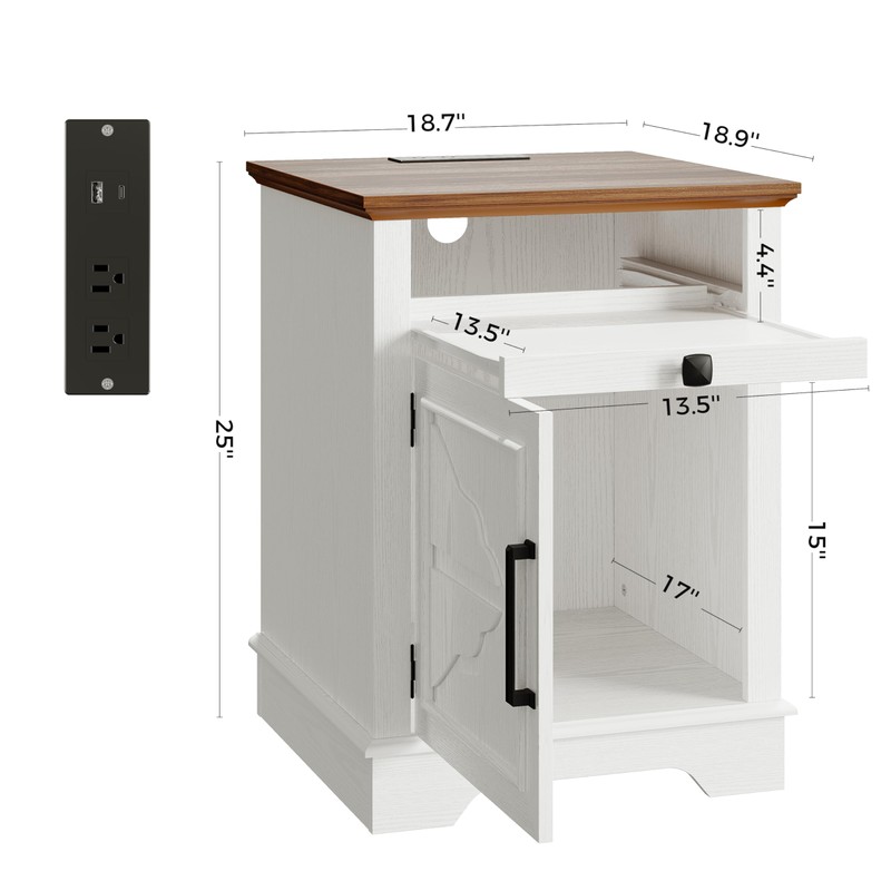 IRONCK Farmhouse Nightstand with Charging Station & 2 USB Ports,