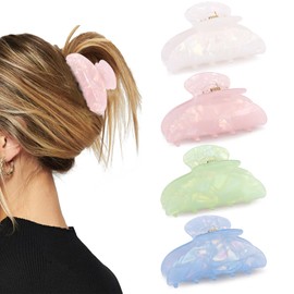 Vovii 4Pcs Acrylic Claw Clips for Women Hair Accessories, Medium Sized Cute Trendy Claw Clips with Iridescent Glitter for Thick Thin Hair (Beige, Green, Pink, Blue)