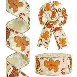 12Yards Gingerbread Wired Edge Ribbon 2.5" Candy Christmas Cane Patterned Fabric Ribbon fo Gift Wrapping Wreaths Tree Bow Making DIY Crafts Xmas Home Decoration (Cream)