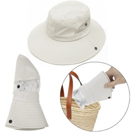 Women's Sun-Hat Ponytail-Beach-Bucket-Hat - Summer UV-Protection Mesh-Wide-Brim-Foldable-Hat with Ponytail Hole Beige