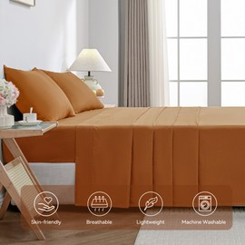 JELLYMONI Bed Sheet Set King 4pcs Cotton Caramel Bedsheet Easy-Fit 16 Inch Deep Pocket Sheet Set 100% Washed Cotton Soft Breathable Sheet Set (1 Fitted Sheet, 1 Flat Sheet, 2 Pillowcases)