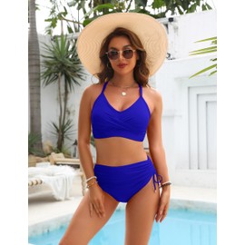 Blooming Jelly Womens High Waisted Bikini Sets Ruched Two Piece Swimsuits Drawstring Crisscross Swim Suit (Large, Blue)