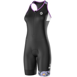 SLS3 Triathlon Suits Women - One Piece Tri Suit Women with Comfortable and Durable FRT Fabric - No Shelf Bra (Graphite/Lavender Flowers, Small)