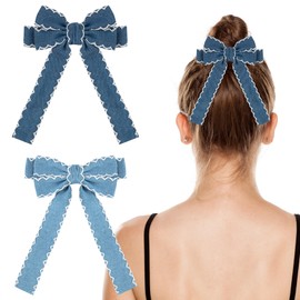 Framendino, 2 Pack Hair Bow Clips for Women Bowknot Denim Bows Clip with Long Tail