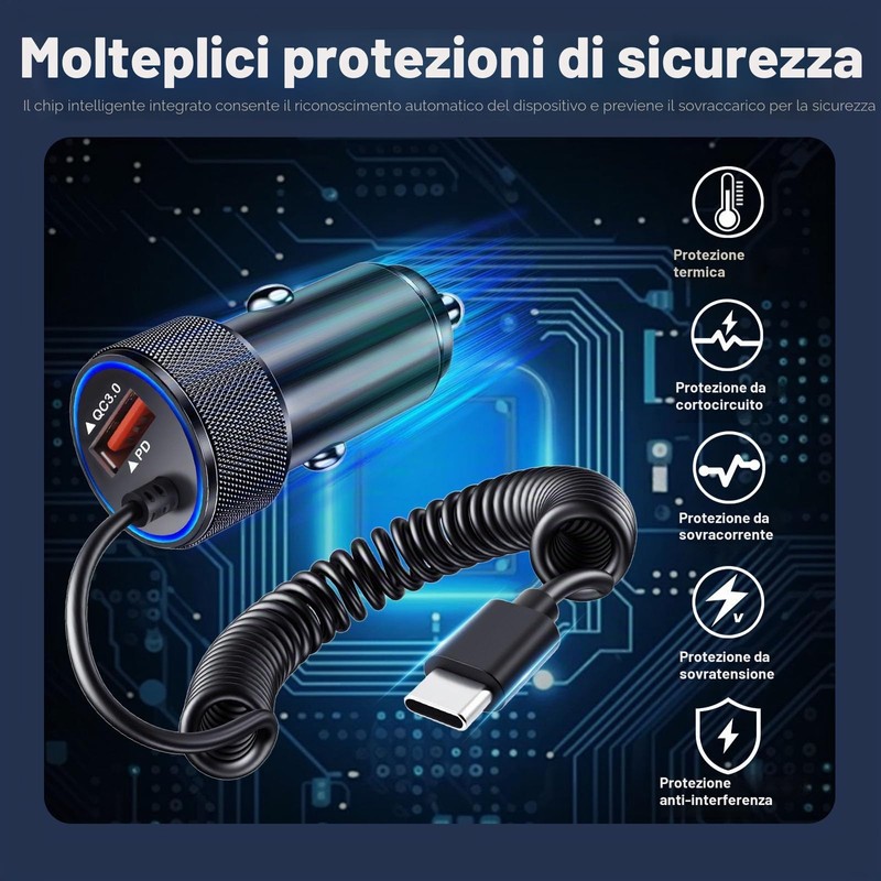 Adattatore per accendisigari USB C, 3,4 A, rapido da auto