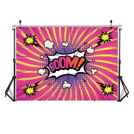 ZZBYSM 7X5FT Comic Book Style Birthday Party Backdrop Banner Pink Boom Design 210x150cm Photography Banner Design Photo Background with Decoration Party Photography Cartoon BY332