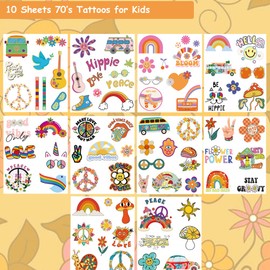 Hohamn Groovy 70’s Temporary Tattoos for Kids, 10 Sheets Hippie Temporary Tattoos for 70’s Retro Hippie Party Favors, Boys Girls Birthday Party Decoration