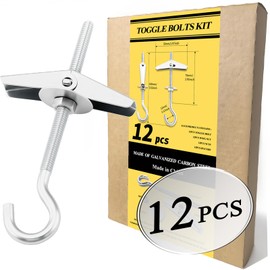 1/5" Heavy Duty Hook Toggle Bolts Set - 12 Packs Swag Hooks for Hanging Plants, Toggle Hooks Anchors for Drywall Hollow Walls & Heavy Hanging, Ceiling Anchors Hook Bolt Screw Kit (12)