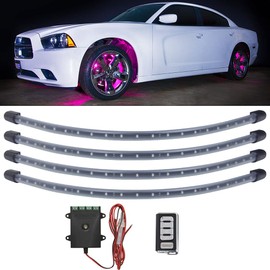 LEDGlow 4pc Pink LED Wheel Well Fender Accent Neon Lighting Kit for Cars & Trucks - 6 Patterns - Music Mode - 24" Water Resistant Flexible Tubes - Includes Control Box & Wireless Remote