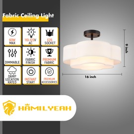 Hamilyeah Scalloped Ceiling Light Fixture with Fabric Shade, 16 inch Flush Mount Ceiling Light Flower Shaped, Double Layer Light Fixture Ceiling Mount for Living Room, Bedroom, Kitchen