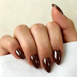 SXVME Uñas postizas cortas de almendra color marrón café cromado, uñas postizas lindas glaseadas con diseño de espejo brillante, uñas postizas brillan