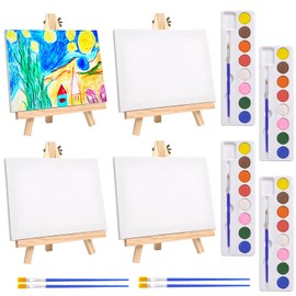 4PCS 18x24cm Easel with 15x20cm Canvas Set, Mini Easel with Art Canvas, 4 8-Colour Solid Paint Trays, 8 Paint Brushes, Table Top Wooden Easel and Canva for Acrylic Painting Handcrafted Oils Drawings