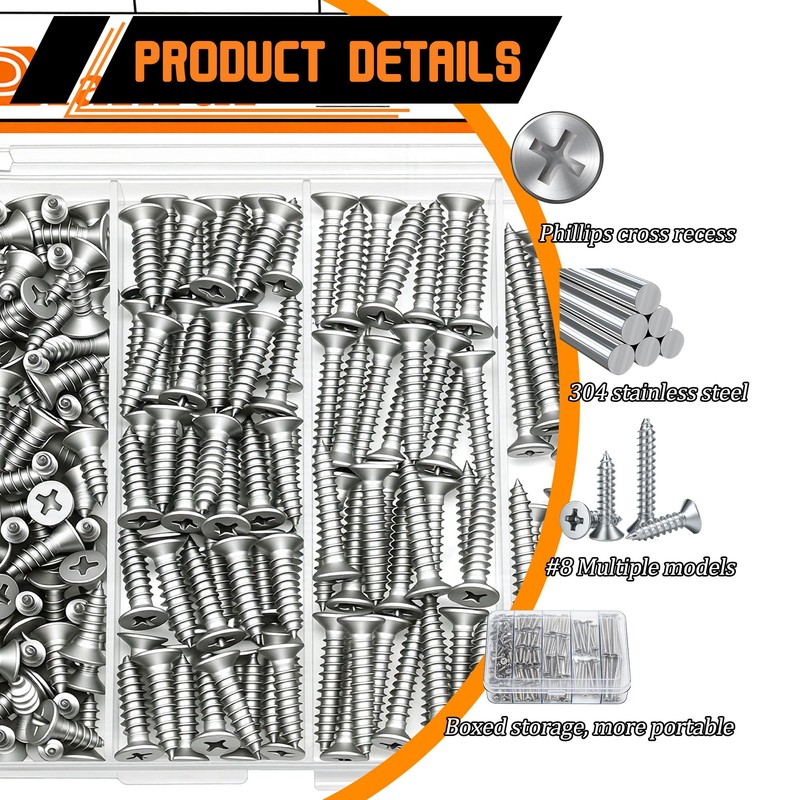 Dianrui 200 PCS 304 Stainless Steel Screws, #8 Wood Screws