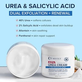 MEOLY Crema de urea al 40% para pies: Crema de urea máxima fuerza con 2% de ácido salicílico para piel seca agrietada de manos y pies