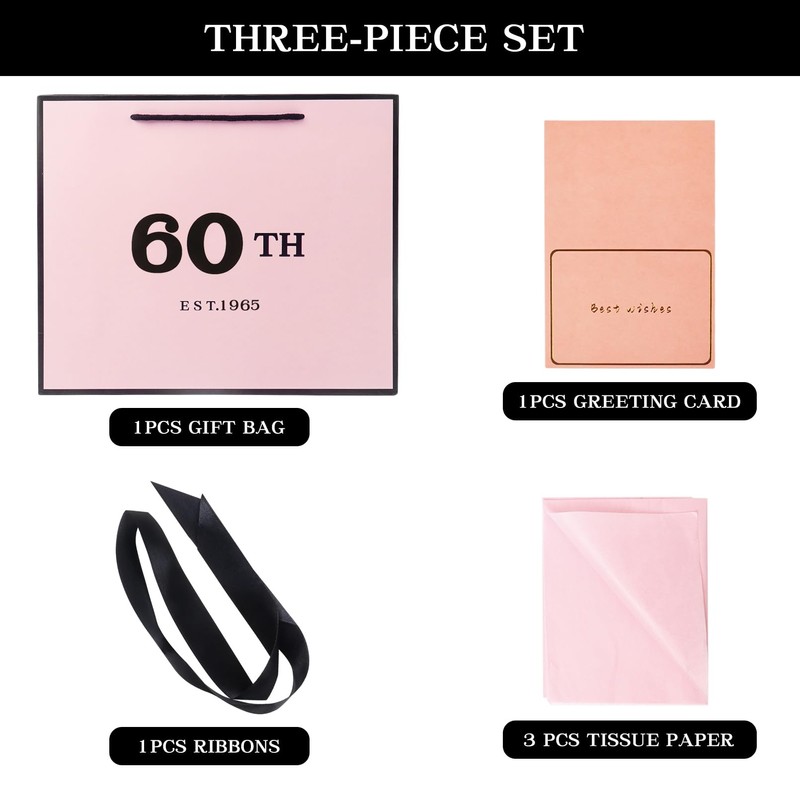 60th Birthday Gift Bag Pink with Tissue Paper