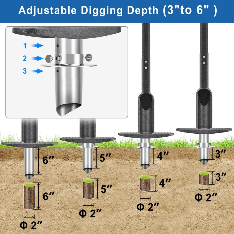 Grass Plugger Tool with Adjustable Digging Depth from 3 to