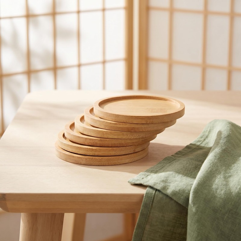 KALLORY Set of 6 Round Bamboo Coasters Mosaic Design Cup