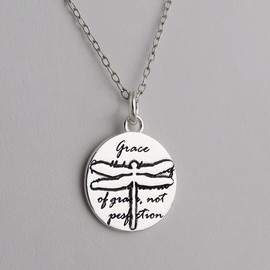FashionJunkie4Life Sterling Silver Dragonfly Necklace | Round Charm with Stamped Text Quote, 18" Chain | Inspirational Grace Gift for Women