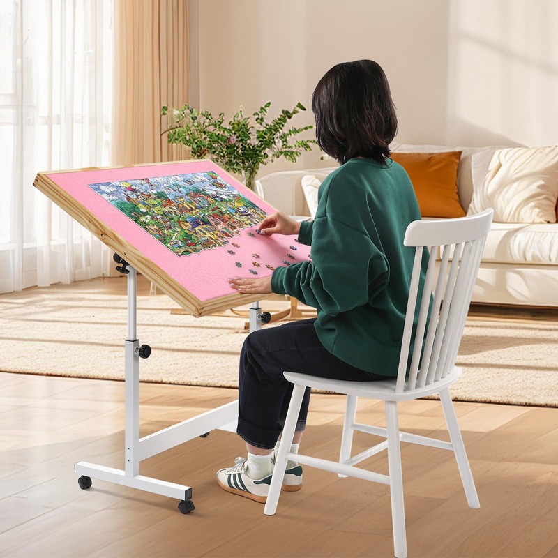 Vasitelan Adjustable Wooden Jigsaw Puzzle Table with Wheels, Puzzle Tables