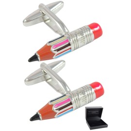 COLLAR AND CUFFS LONDON - Premium Cufflinks with Gift Box - Designer Cufflinks for Men - Pencil - School Art Artist Sketch Architect Teacher Engineer Craft - Red and Silver Colours