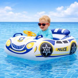 Baby Pool Float Police Car Design, No-Flip Toddler Pool Float with Backrest & Wheel, Inflatable Boat Floaties for Toddlers 1-3, Kids Pool Floats for Boys & Girls Ages 1-5, Thick PVC Baby Swim Float