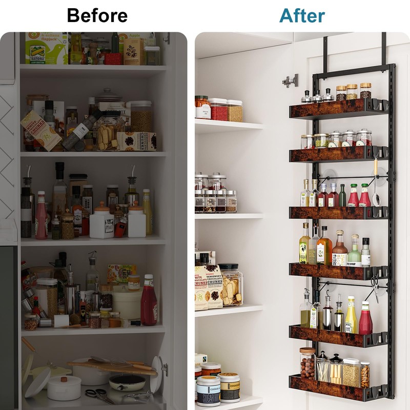 bukfen Over the Door Pantry Organizer, 6-Tier Adjustable Wooden Basket