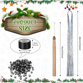BBTO Silver Hair Strand Kit, 200 Hair Tinsel with Tool, Tinsel Hair Extension, Glitter Hair Strands for Braiding, Silver Hair Tinsel for Women, Girls, Children, Cosplay, Party Accessories