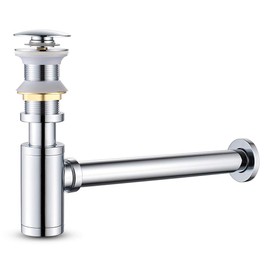 MENATT Round P-Trap Waste Pipe Kit Assembly, Bottle Trap Deodorant Type with 1 1/4" Pop-up Drain Stopper without overflow, Bathroom Sink Siphon Drainer Plumbing Tube Chrome Finished
