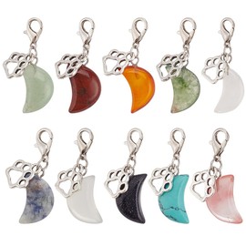DELORIGIN 12pcs Natural Gemstone Pet Collar Charms, Moon Shaped Jewelry Charms Colorful Dog Paw Pet Puppy Collar Pendants Clip-on Charms for Dog Cat Bag Keychain Pet Necklace Home Decor