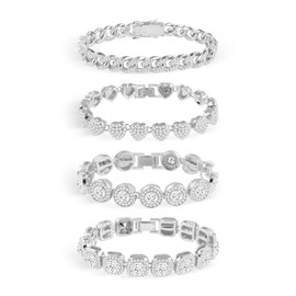 ALEXCRAFT Silver Tennis Bracelet Set 4pcs Classic Cuban Link Heart/Round/Square Full CZ Prong Diamond Bracelet for Women Men Fashion Jewelry(8")