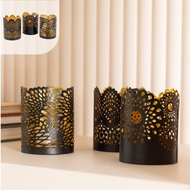 Gadgy Tea Light Holder Black Gold - Lantern Dining Table Decoration Set of 3 - Tea Light Holder Metal with Lace Pattern - Lantern Metal Decoration Black - Table Decoration Lantern Black - 8.5 x 10.5