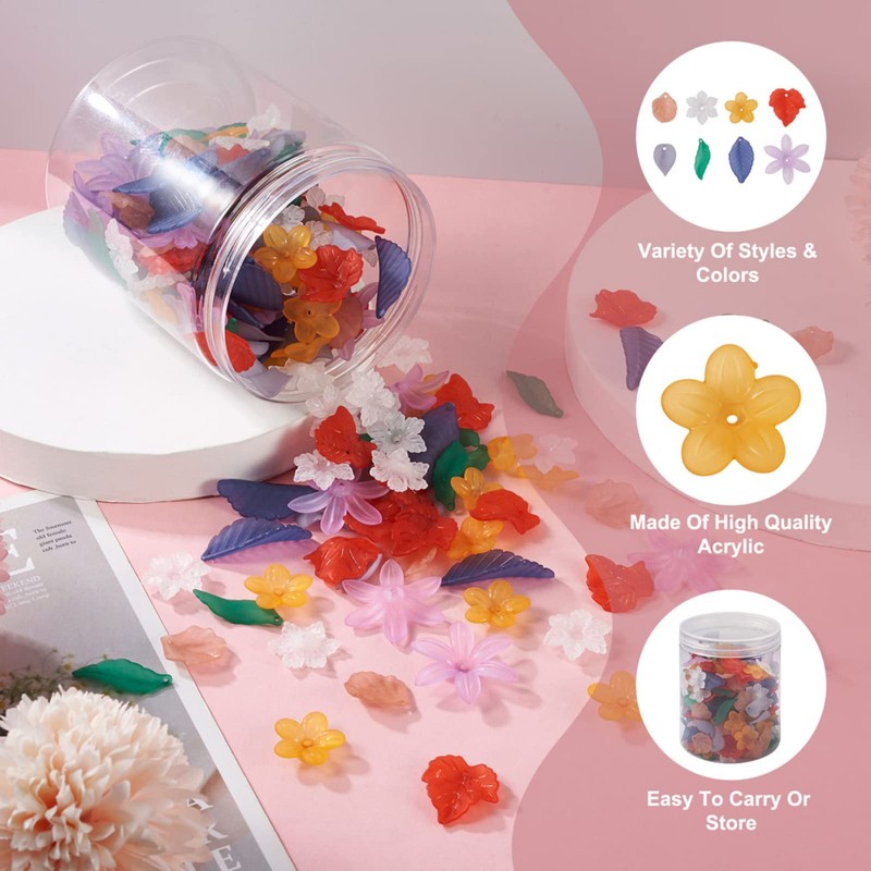 Beadthoven 240pcs Acrylic Resin Flower Leaf Bead Caps Transparent Frosted