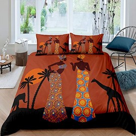 African Woman Themed Duvet Cover Brown African Pattern Bedding Set Ethnic Afro Giraffe Comforter Cover for Women Adults Room Decor Black Palm Tree Print Bedspread Cover Twin Size With 1 Pillow Case