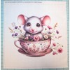 Fabric Panel 8"x8" Mouse in Teacup 100% Cotton Quilting Sewing