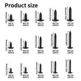 Pack of 450 M3 M4 M5 self-tapping screws, black, car body screws set, black round head flat head screws, wood screws for acoustic panels, car mudguards, bumper