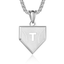 Initial A-Z Necklace for Men Stainless Steel Letter Shield Pendant Box Chain 22+2 inch Inspirational Baseball Home Plate Necklace Baseball Jewelry Gift for Men(S-T)