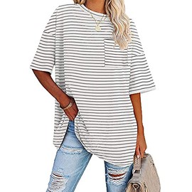 Fisoew Womens Striped Oversized Tees Loose T Shirts Half Sleeve Crew Neck Cotton Tunic Tops with Pockets